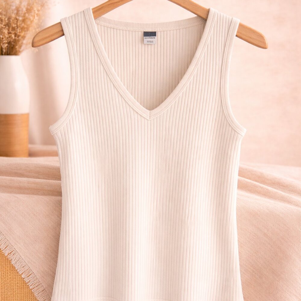 Cream Ribbed V-Neck Tank Top